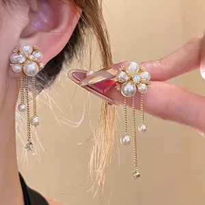 Elegant 925 Sterling Silver Earring Post Zirconia Flower Tassel Earrings For Women Artificial Pearl Dangle Drop Earrings Jewelry