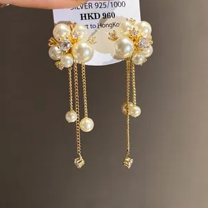 Elegant 925 silver needle earrings with pearl flower clusters and long zircon tassels