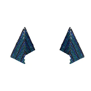 Elegant geometric fan-shaped stud earrings featuring shimmering blue and green rhinestones