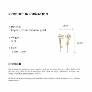 Detailed product information for elegant flower earrings with pearl tassels and zircon accents