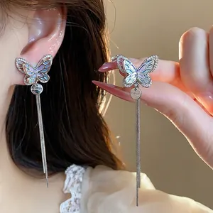 Light Luxury Copper Zirconia Butterfly Tassel Ear Clips For Women Non-Pierced Elegant Long Chain Butterfly Earrings Jewelry Gift
