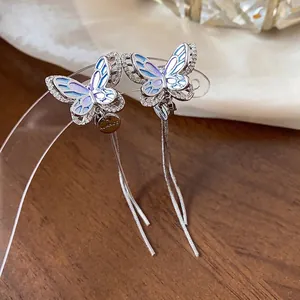 Elegant butterfly tassel ear clips with cubic zirconia for non-pierced ears jewelry