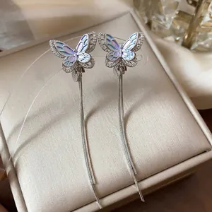 Elegant silver butterfly tassel ear clips with blue enamel and zircon for non-pierced ears