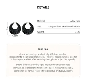 Detailed product specifications of black rope woven hoop earrings with dimensions