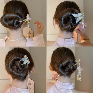 New Chinese Style Butterfly Hair Stick With Tassel Artificial Pearl Rhinestone Inlaid Alloy Hairpin For Women Wedding Party Jewelry