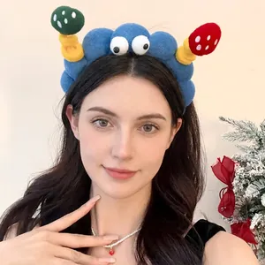 Funny Cartoon Blue Plush Headband With Large Eyes And Mushroom 3D Decoration For Women Girls Party Cute Headwear Accessory