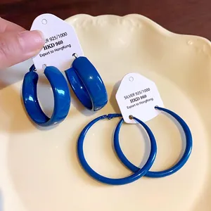 Klein Blue Minimalist Hoop Earrings For Women With 925 Sterling Silver Earring Post Geometric Round Iron Spray Painted Finish Fashion Commuter Jewelry