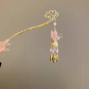 Elegant Chinese style golden hair stick featuring pink butterfly and hanging tassels detail.