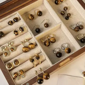 Vintage Tiger Eye Stone Stud Earrings With 925 Sterling Silver Earring Post Alloy Electroplated Geometric Brown Coffee Earrings Women Jewelry