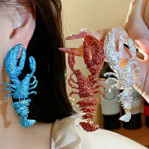 Exaggerated Painted Lobster Stud Earrings For Women Punk Style Unique Animal Design Alloy Earrings With 925 Sterling Silver Post