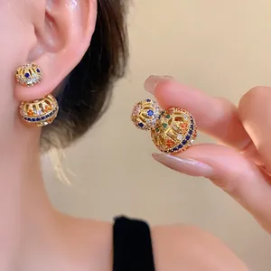 Vintage 18K Vergoldet 925 Sterling Silber Stift Hohl Doppelbolzen Zirkonia Ohrstecker Luxus Damen Schmuck