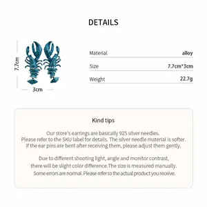 Exaggerated lobster earrings detail card with alloy material specs and 925 silver needles