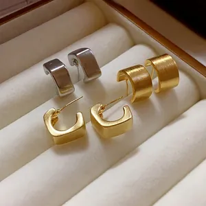 Pendientes de Botón Cuadrados Geométricos Minimalistas Metal Cepillado para Mujer Poste Plata Ley 925 Estilo Coreano Chic