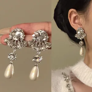 Luxury Alloy Rhinestone Flower Artificial Pearl Drop Earrings With 925 Sterling Silver Earring Post For Wedding Party Women Jewelry