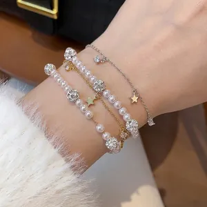 Elegant Double Layer Artificial Pearl Bracelet with Zirconia Star Pendant Gold Silver Plated Beaded Chain For Women Fashion Jewelry