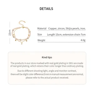 Macro view of double-layer pearl bracelet with star charms and material specifications