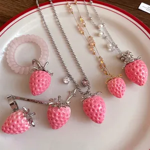 Sweet Pink Resin Strawberry Pendant Necklace Stainless Steel Chain With Artificial Pearl Rhinestone Jewelry For Women Girls