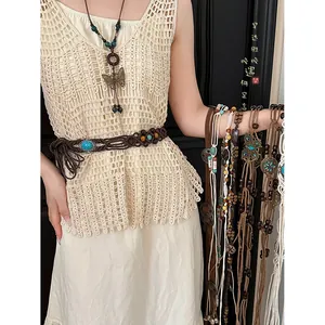Bohemian Handmade Wax Rope Wood Bead Braided Waist Chain For Women Vintage Ethnic Style Decorative Belt With Alloy Charm
