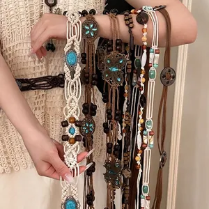 Hand-woven Bohemian wax rope waist belt with wooden beads and turquoise stones