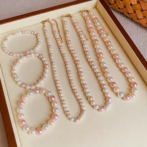Sweet Elegant Artificial Pearl Beaded Elastic Bracelet And Necklace Fashion Gradient Pink White Handmade Hand Jewelry For Women