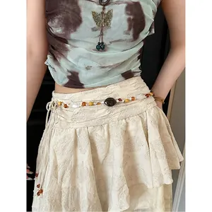 Bohemian handmade wax rope woven waist chain belt with vintage wooden beads and stones