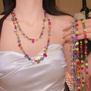 Bohemian Irregular Colorful Artificial Crystal Beaded Layered Necklace For Women Retro Shell Pendant Sweet Clavicle Chain Jewelry