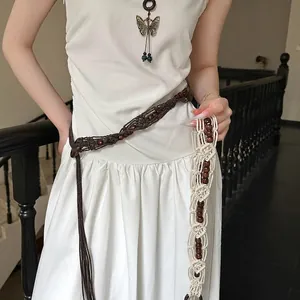 Vintage bohemian handmade woven belt with wooden beads and wax rope accessory for women