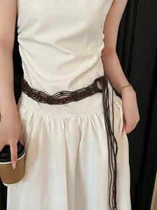 Elegant Bohemian handmade woven waist chain belt with brown wood beads and long tassels