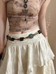 Bohemian handmade woven waist chain belt with wooden beads and floral accents