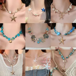 Handmade Woven Shell Starfish Necklace For Women Elegant Artificial Pearl Mother Of Pearl Pendant Choker Beach Fashion Jewelry