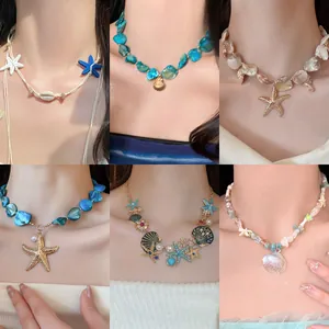 Handcrafted beach-style necklace set with starfish and seashell charms