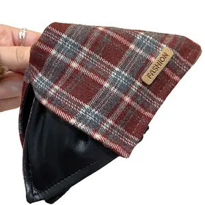 Vintage red plaid fabric and black leather hair claw clip accessory for women hair