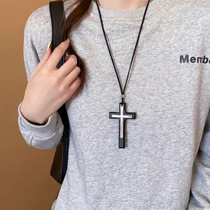 Minimalist leather double cross pendant necklace for a retro cool aesthetic look