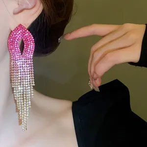Primo piano dettagliato di orecchini a pendente con strass rosa sfumati e nappe sull'orecchio