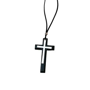 Retro style leather double cross pendant necklace for women in black and white.