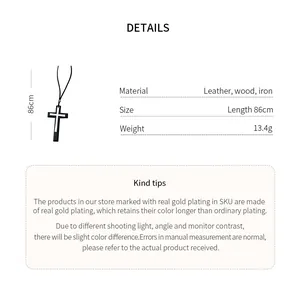Detailed specs for leather double cross pendant necklace including 86cm length and weight.