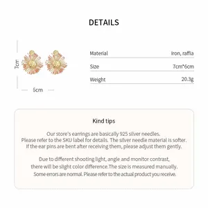 Raffia flower stud earrings with 925 silver needles and product specifications detail