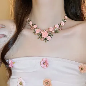 French romantic pink rose floral necklace with pearls and zircon for women