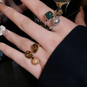 Elegant vintage open ring with real gold plating, lustrous pearls and faceted crystals