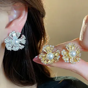 Elegant 18k gold-plated floral pearl earrings with shimmering zircon petals for women