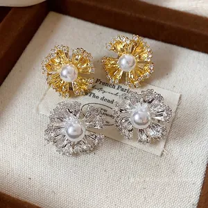 Elegant French style 18k gold plated flower pearl ear clips with sparkling zircons