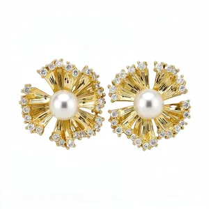 Elegant 18k gold plated flower pearl earrings with sparkling zircon accents for women