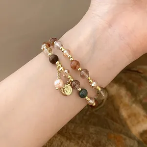 Elegant French-style double-layer beaded bracelet with pink pearl and gold coin charms
