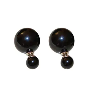 Elegantes pendientes de doble perla negra con agujas de plata para mujer