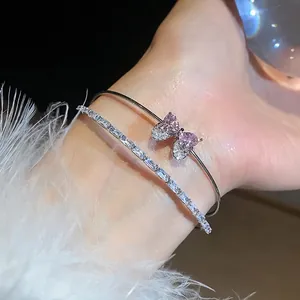 Luxury Copper Zirconia Bowknot Heart Bangle Double Layer Pave Zirconia Open Bracelet Sweet Fashion Jewelry For Women Gift