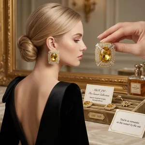 Orecchini a Bottone Quadrati Vintage Con Perno in Argento Sterling 925 Cristallo Artificiale Giallo Gioielli in Lega per Donna