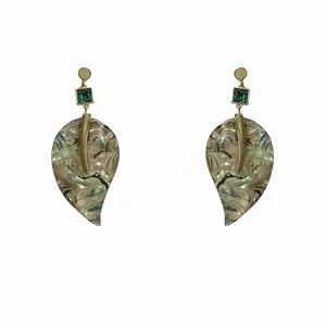 Elegant vintage acetate marbled leaf drop earrings with green square gemstone accents