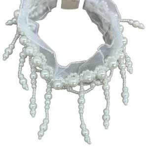 French vintage style elegant white mesh choker necklace with delicate hanging pearl fringe