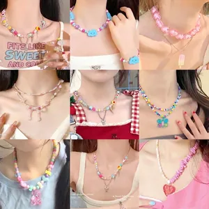 Y2K Dopamine Colorful Acrylic Beaded Necklace For Women Bow Knot Heart Pendant Handmade Aesthetic Beaded Choker Jewelry Gift