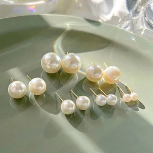 Elegant set of lustrous white pearl stud earrings with S925 silver needles in various sizes